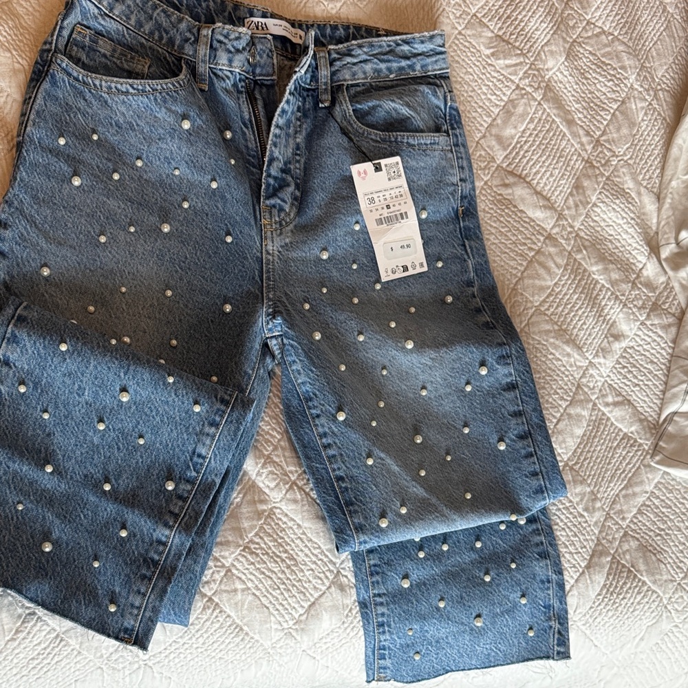 Zara Light Blue Straight Leg Jeans with Pearl Details